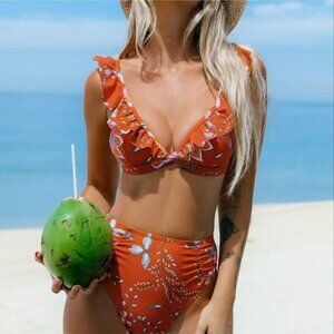 NWT Cupshe‎ Floral Flutter Bikini Top & High-Rise Bottoms Set Size XL